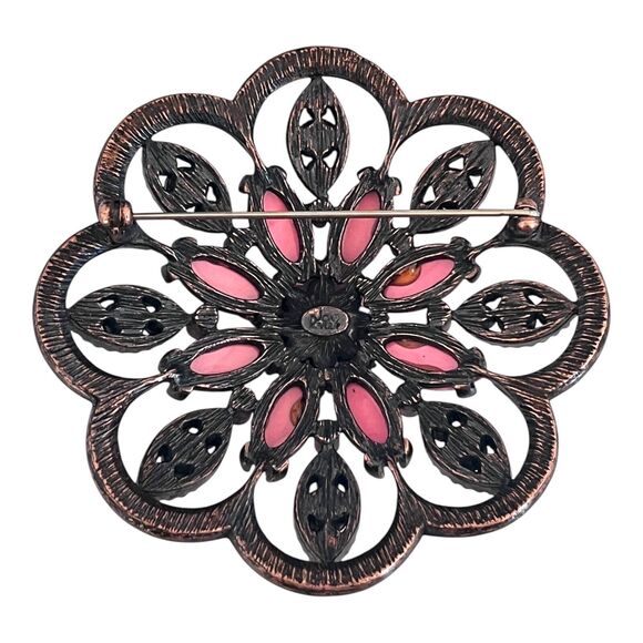 Vintage 1990s Joan Rivers Floral Brooch Pink Cabochon Crystal Copper Tone - 6E - Picture 3 of 5